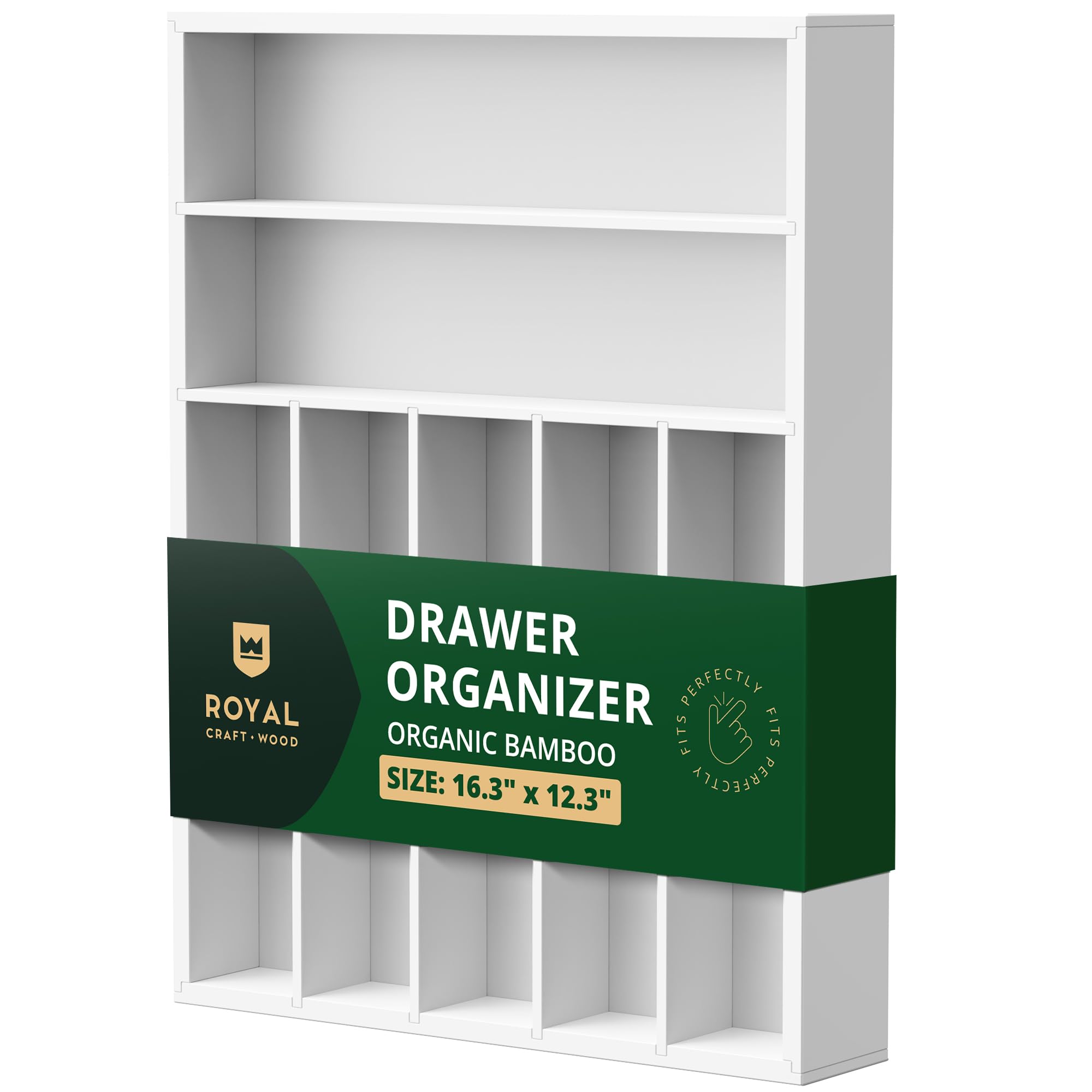 ROYAL CRAFT WOODLuxury Bamboo Kitchen Drawer Organizer - Silverware Organizer - Utensil Holder and Cutlery Tray with Grooved Drawer Dividers for Flatware and Kitchen Utensils (7 Slot, White)