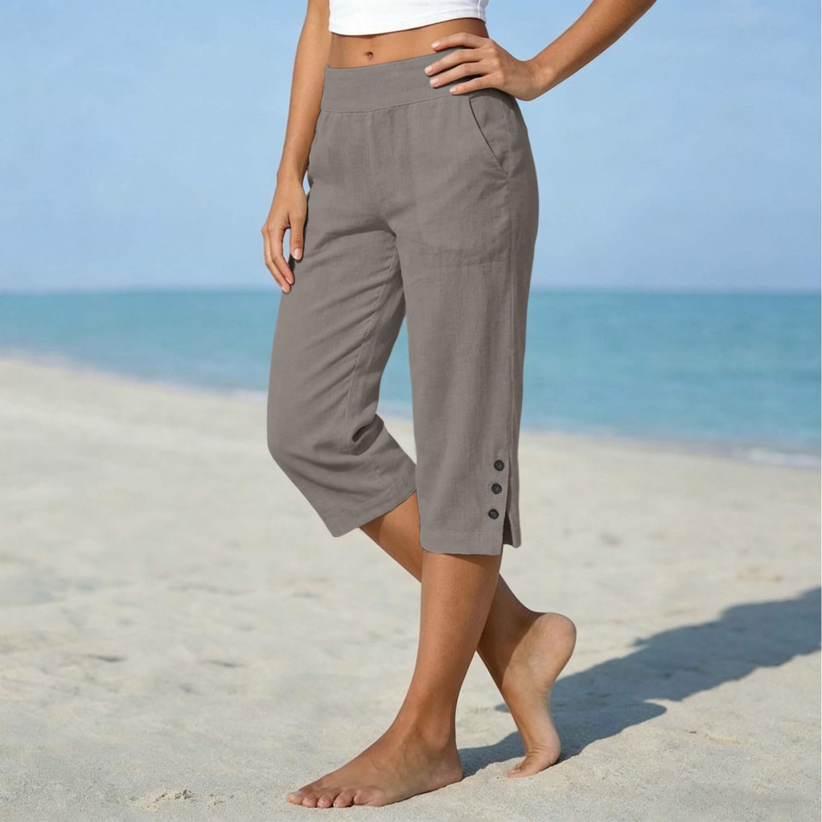 Sommerhose Damen Leicht Leinenhose Damen Sommer 3/4 Musselin Kurze Hose Leicht Leinen Sommerhose Mit Taschen Causal Atmungsaktiv Caprihose Elastische Bequeme Stoffhose Freizeit Strandhose