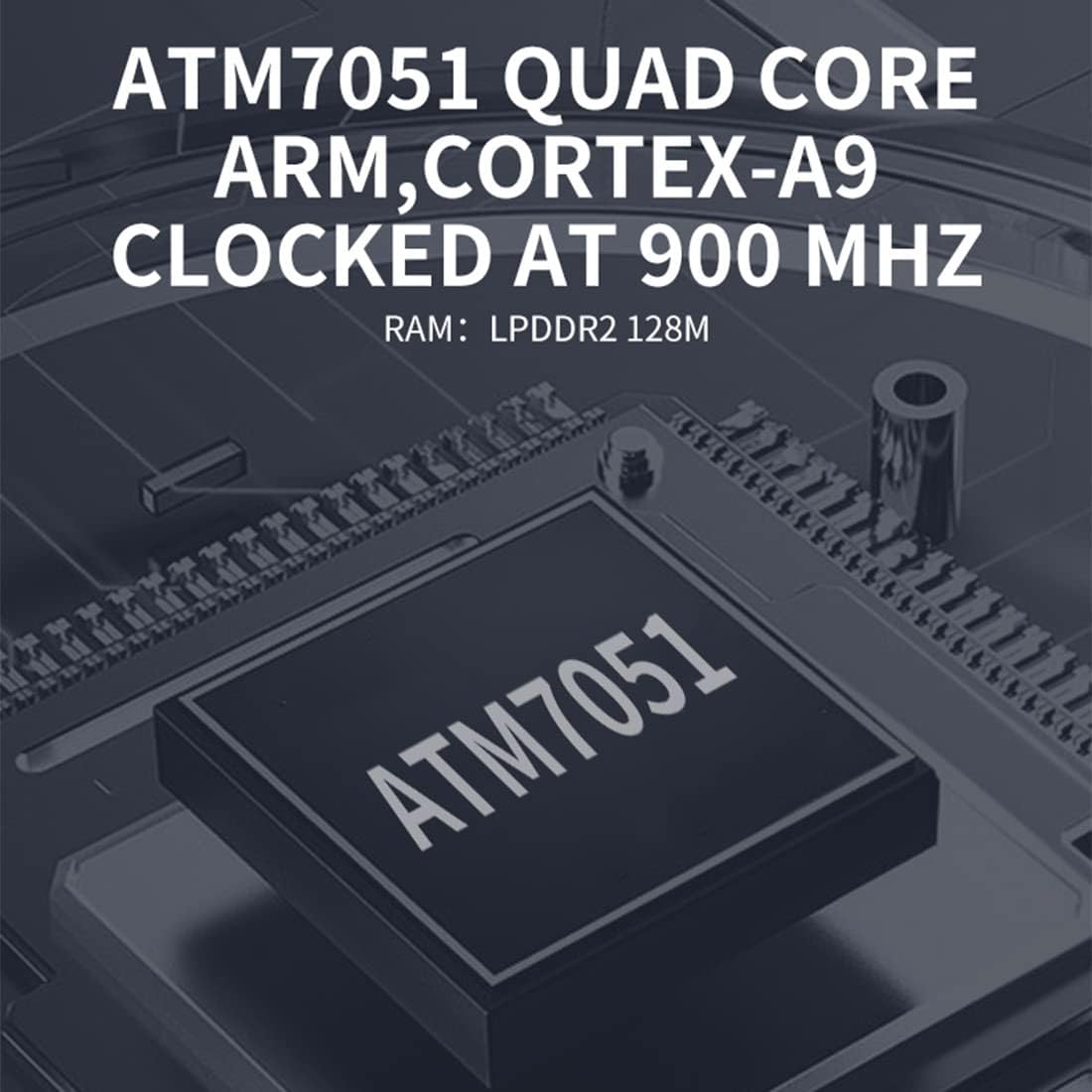 Close-up of the ATM7051 quad-core ARM Cortex-A9 chip, highlighting the console's internal processor.