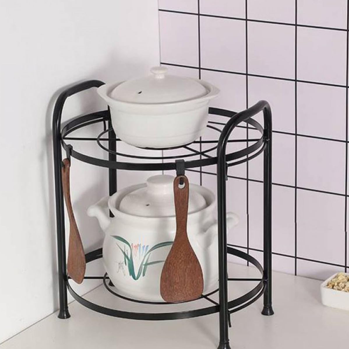 Estante de Almacenamiento Diseño Desmontable de Dos Capas, Fácil de Limpiar y Mantener para Ollas y Sartenes de Hierro Negro para Cocina Organizada