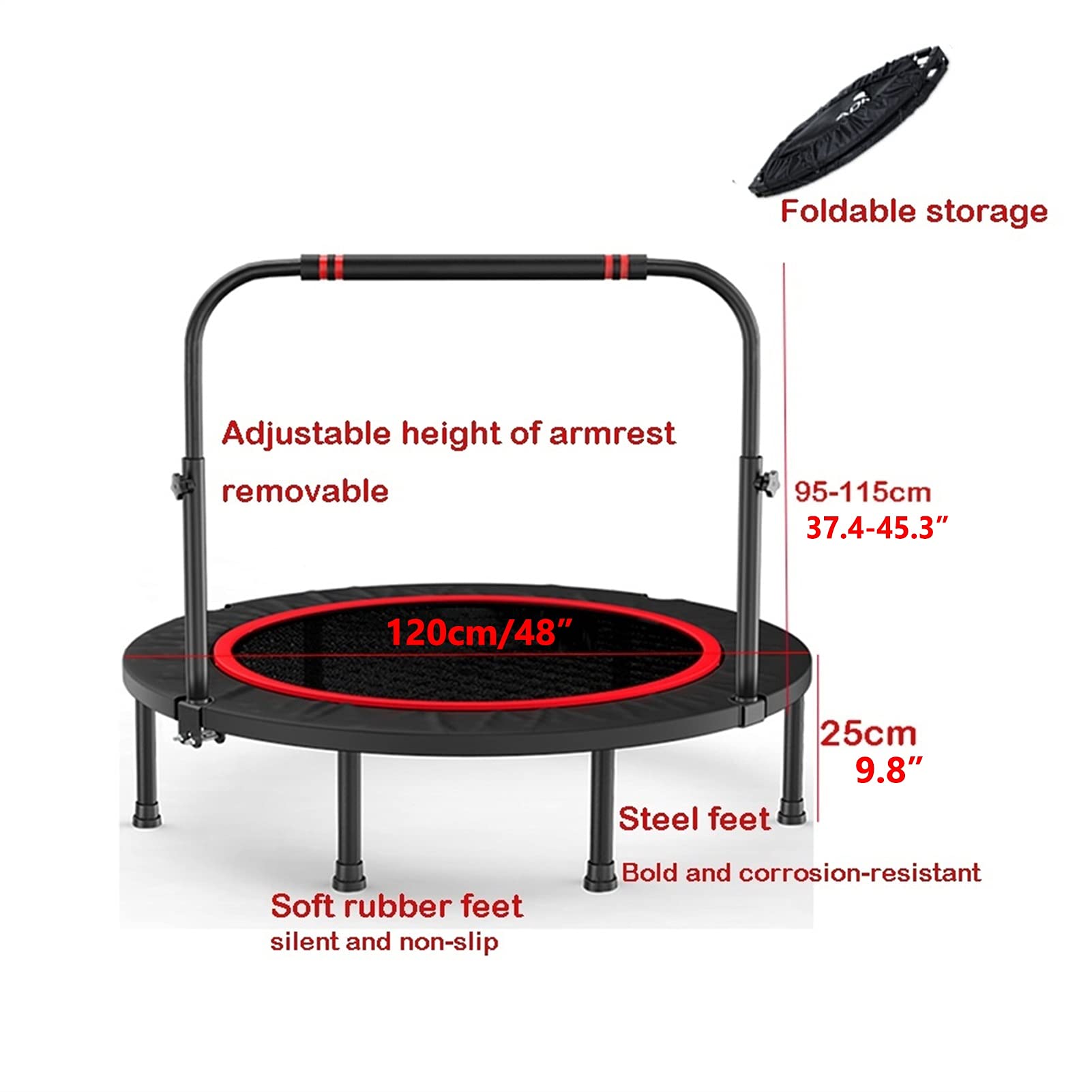 Trampoline Faltbares Minitrampolin, 48" Tragbares Fitness-Rebounder-Trampolin Mit Griffstange, Für Indoor-Garten-Workout Cardio-Training，Belasten Sie 200kg