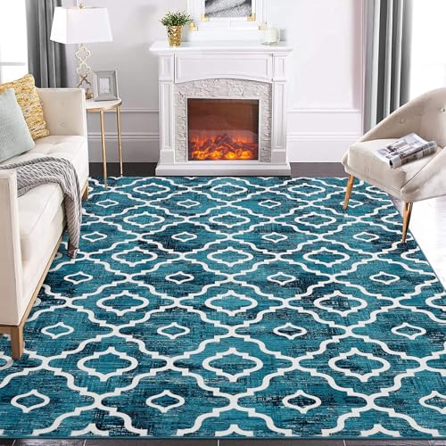 GlowSol 8x10 Area Rug for Living Room Washable Rug Modern Trellis Farmhouse Neutral Geometric Low Pile Water Repellent Non-Slip Soft Rug for Dining Room Bedroom Teal
