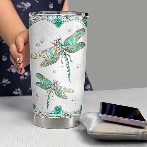 Miniatura 5 de SANDJEST Vaso de libélula personalizado de 20 onzas, 30 onzas, vasos aislados con tapa, taza de viaje de café para mujeres y niñas, dibujos de