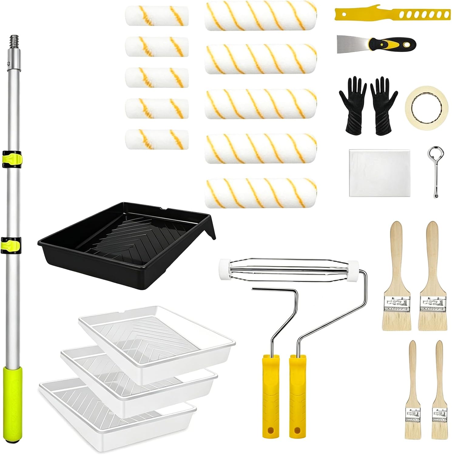 Garvee 27 PCS Paint Roller Kit with Extension Pole, Wall Painting Supplies 4" & 9" Microfiber Paint Rollers, 2-4 FT Adjustable Pole, Paint Brushes Set for Home Walls, Ceilings, Professional Painting
