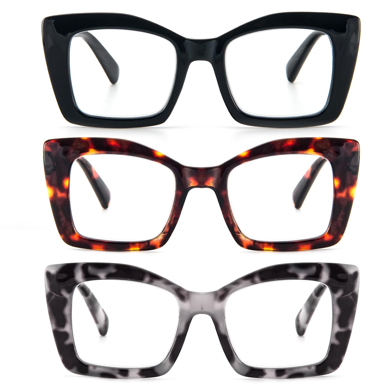 KoKoBin Oprah Occhiali da lettura quadrati da donna Oversized con cerniere a molla per computer (Nero/Leopardo/Grigio Leopardo, 1.5, Diottria)