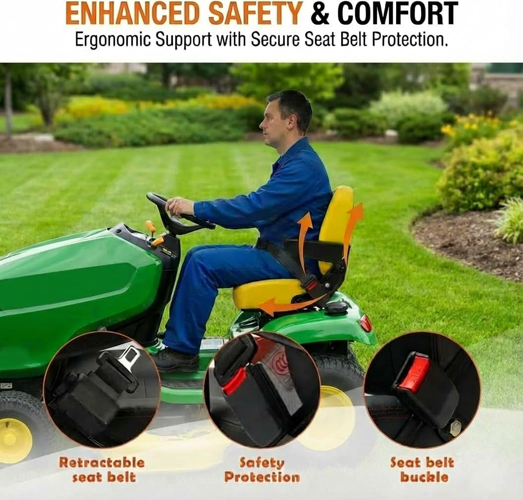 Universal Tractor Seat, Zero Turn Mower Seat with Adjustable Safety Belt Armrest Micro Switch for John Deere ZTR Skid Steer Loader Telehandler Dozer Excavator