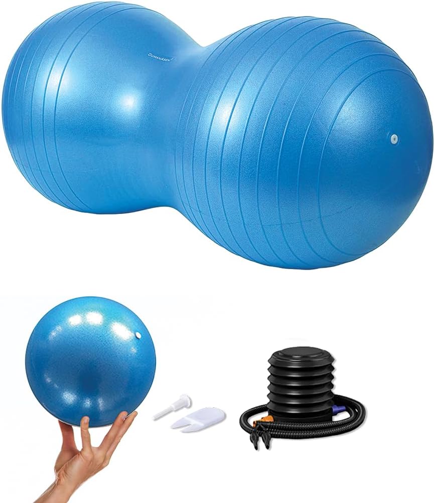 DumanAsen Exercise Ball, Peanut ball, fitness ball, Ball for Yoga, Pilates, Core Training and Physical Therapy, with Quick Pump and one small Pilates ball, Blue 90cm x 45cm