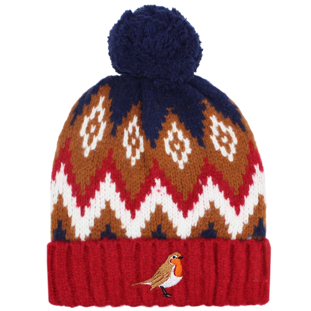 TeddyT's Women's Robin Luxury Nordic Fairisle Thermal Bobble Hat Red