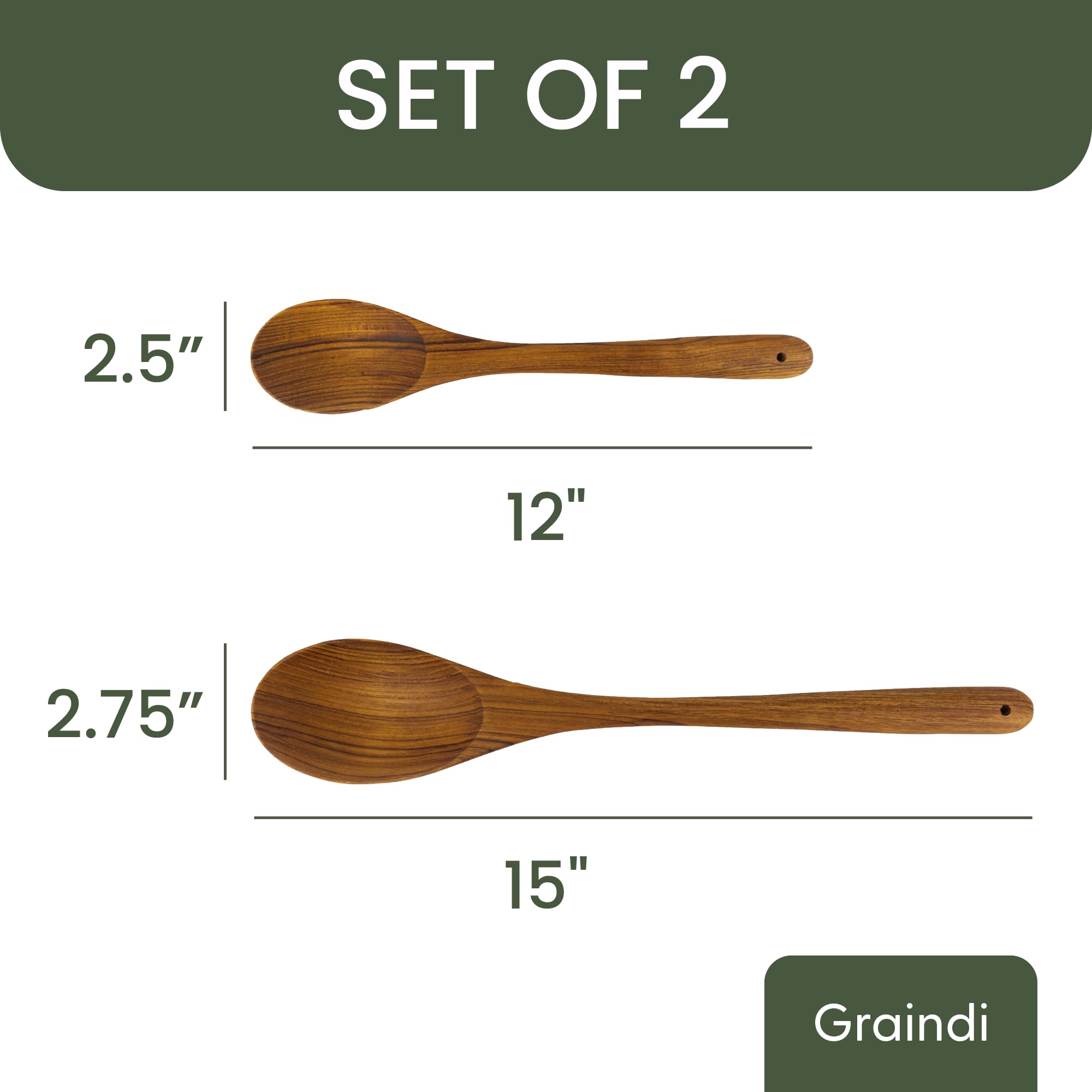 Juego de 2 cucharas de cocina de madera de teca de 12 y 15 pulgadas, mango largo de madera y cuchara grande para ollas, sopa, guiso, salsas, frijoles, preparaciones, mezclas, antiadherente y