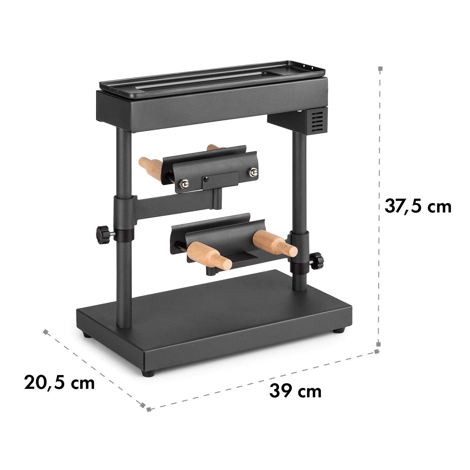 Klarstein Appenzell XL – raclette z grillem, 600 W, termostat, element grzejny ze stali nierdzewnej, płyta grillowa na górze, 2 uchwyty do sera: z regulacją wysokości/obrotową/pochyleniem, czarny