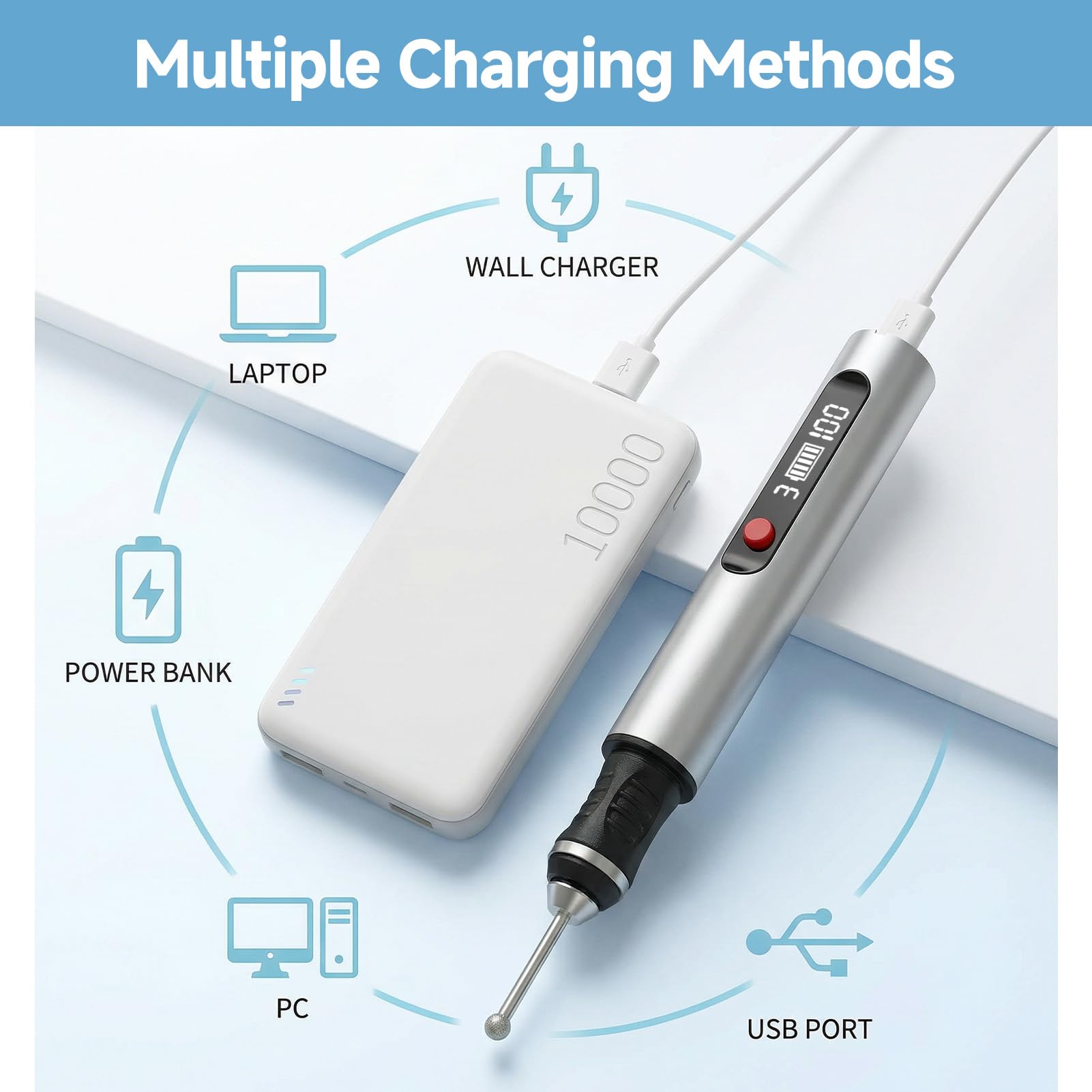 Stylo Graveur Électrique Sans Fil, Pignon de Gravure Électrique avec 30 Bits, Jusqu'à 25.000 U/min, Mini Graveur, Rechargeable par USB, pour Bois, Bijoux, Métal, Verre, Céramique, pour Bricolage