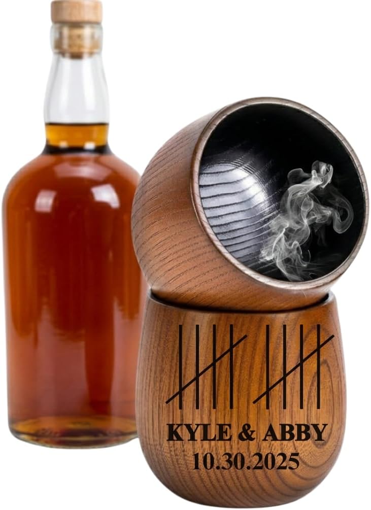 Personalized Charred Wooden Whiskey Glass for Men | Custom Engraved Bourbon Glass Gift for Husband | 5th,10th, 15th, 20th Anniversary for Him | Unique Wood Whiskey Cup (2 Cups, 10th Anniversary)