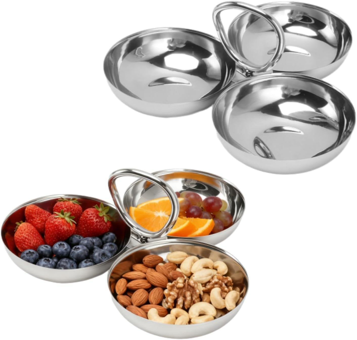 304 Stainless Steel Serving Plate 3-Compartment Stainless Steel Serving Tray with Handle 3 IN 1 Fruit Bowl Snack Plate Reusable Dessert Plates for Fridge Simple Tray Portable Home Kitchen Party Candy