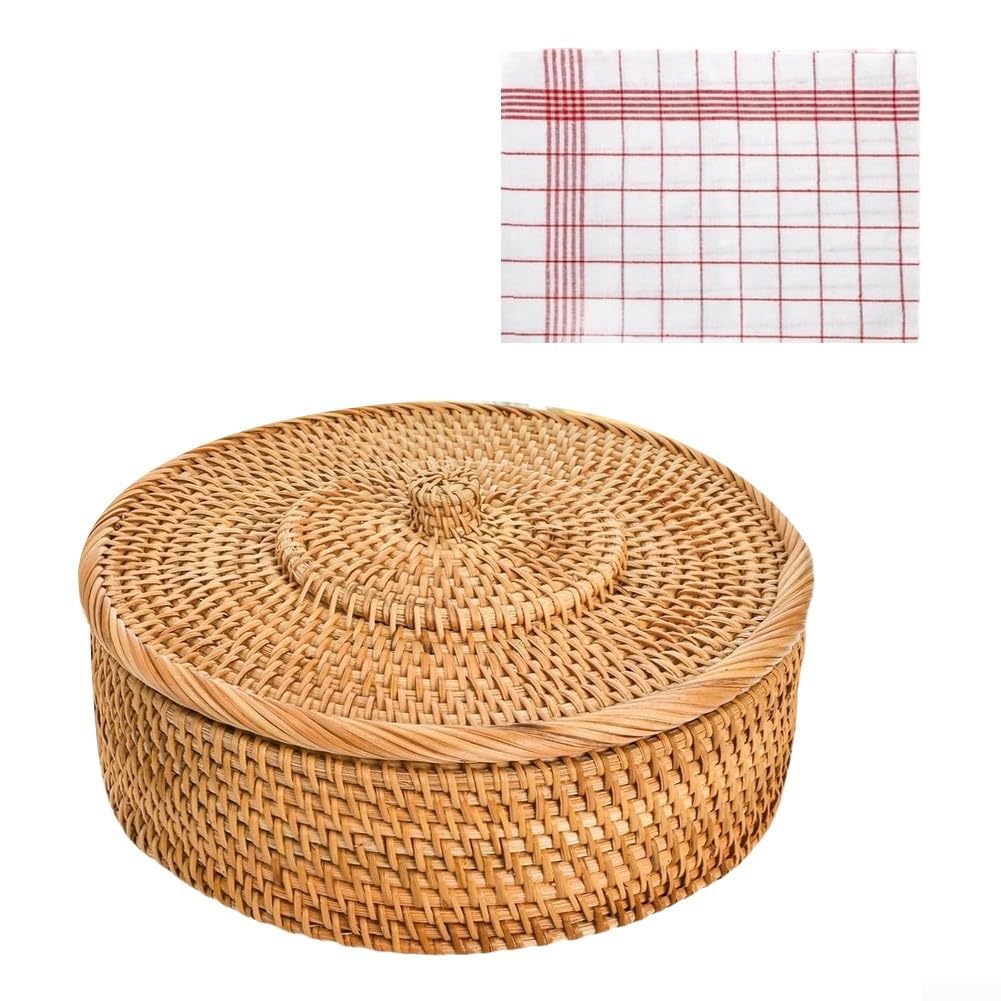 Cesta calentadora de tortilla de ratán natural, contenedor de almacenamiento hecho a mano de 10.2 pulgadas para tortillas de maíz, tacos y decoración de cocina