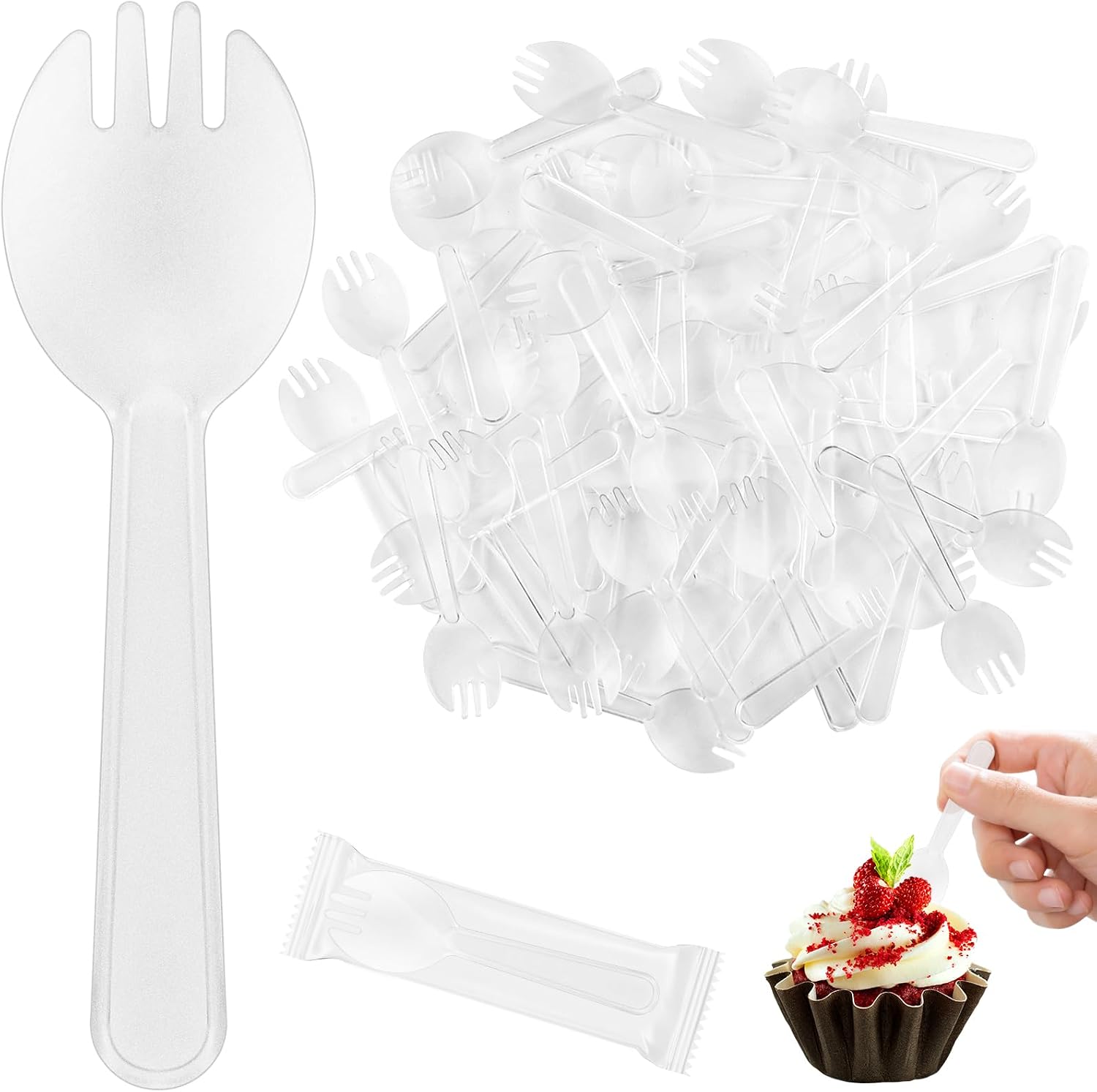1000 Pack Disposable Sporks, 4.5 Inch Mini Clear Fork & Spoon Combo - Individually Wrapped Plastic Cutlery for Parties, Catering, Desserts, Ice Cream, To-Go Meals & On-the-Go (Clear)