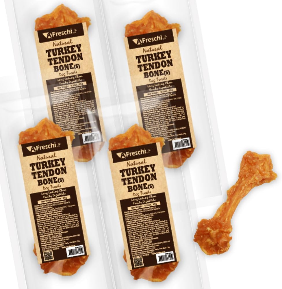 A Freschi srl Turkey Tendons for Dogs, Long-Lasting, Hypoallergenic Rawhide Alternative, Human Grade, Healthy Puppy Chews, Natural Dog Treats for Small Dogs, Bone (S), 4 Count Pack