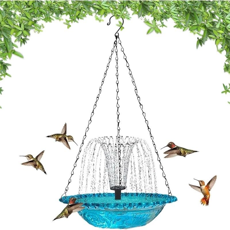 Solar Cascade Hanging Bird Bath Fountain, Outdoor Hanging Bird Bath with Solar Fountain, 2026 New Large Humming Birds Baths Fountains, with Solars Pump & Glass Bowl, for Outdoor, Gardens