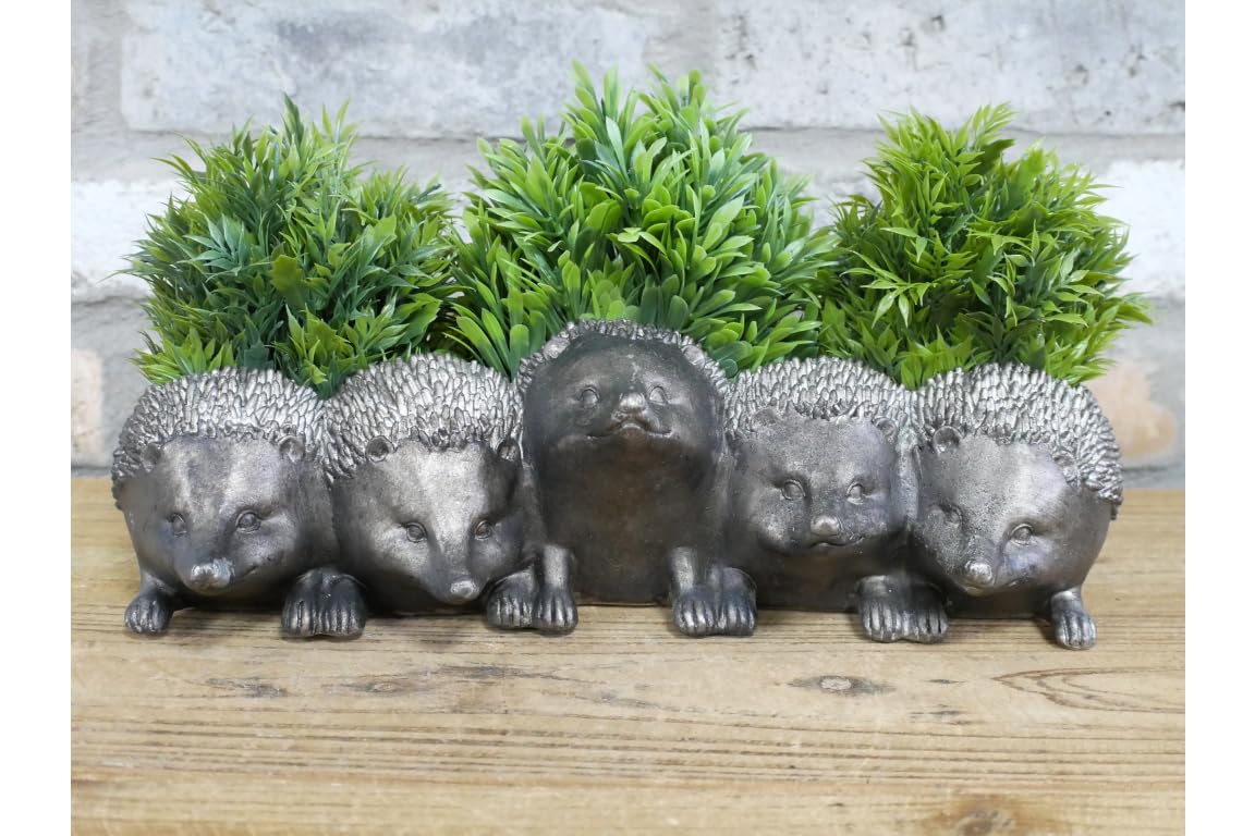 MAISONICA 33cm Cute Hedgehog Planter - Distressed Silver Plant Pot Holder