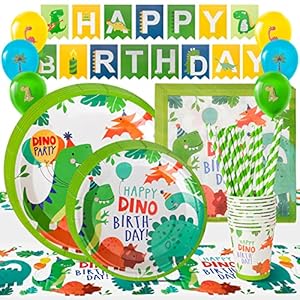 Vajilla de Fiesta,141Piezas Reutilizable de Dinosaurio Verde Fiesta de Cumpleaños 20 Invitados, Platos de Papel de Colores Vasos de Papel Servilletas Pajitas Bandera Mantel Globo