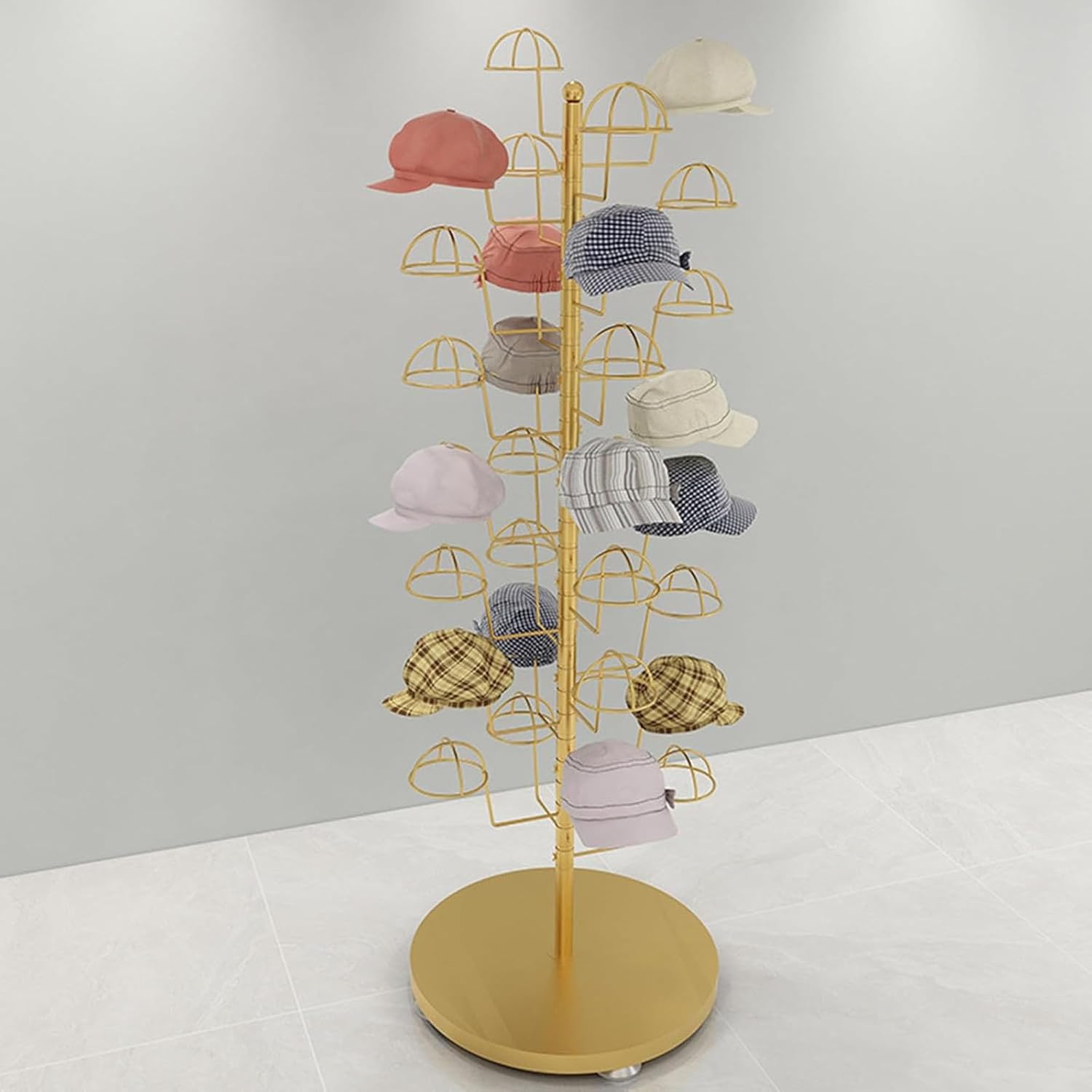 Hat Rack Stand,Baseball Hat Holder Hats Display Rack,Hats Stand Display Metal, Hat Storage Organizer, Free Standing Head-wear Caps Stand, Commercial or Home Use (Gold 5 Tier 25 Ha,Gold,5 Tier 25 Hat