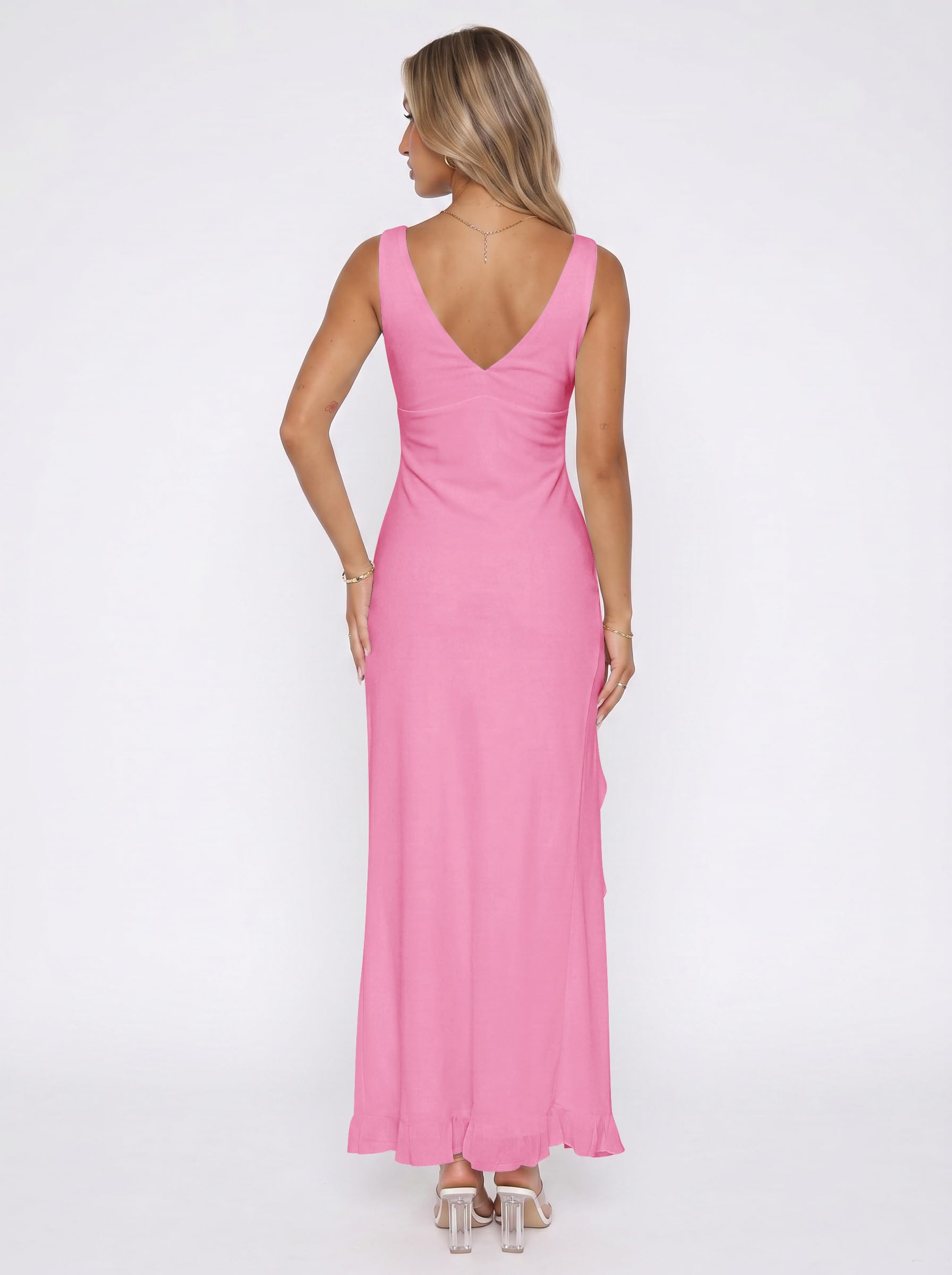 Vestidos de Fiesta Mujer Elegantes Sin Mangas Cuello V Vestido Largo con Volantes y Abertura Vestido de Malla Verano Sexy Sin Espalda Ajustado Maxi Vestidos de Boda Invitada Cóctel Noche