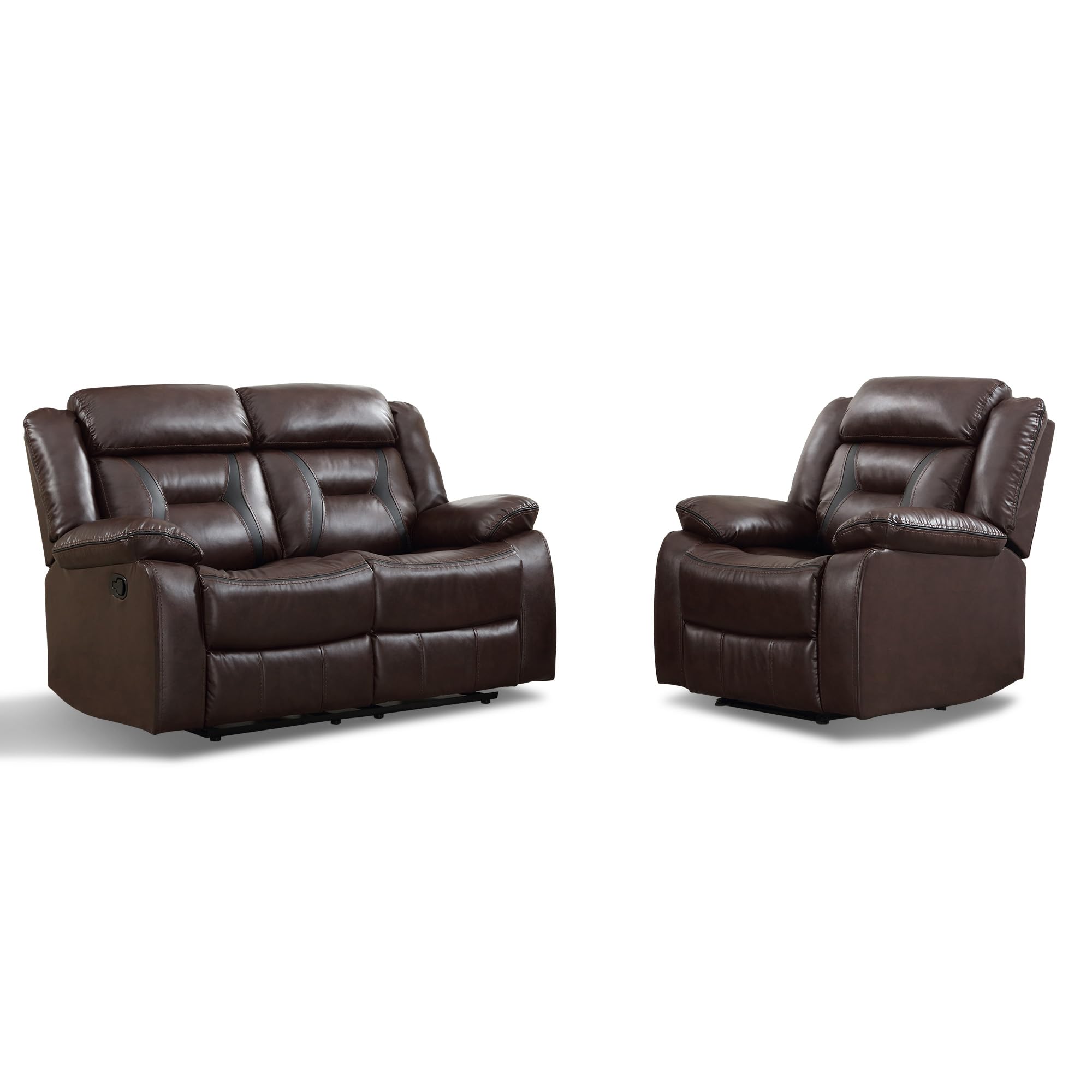 EBELLO Manual Recliner Sofa Set, Faux Leather Reclining Living Room Furniture Set, Included Single Recliner Chair and Manual Loveseat Sofa, Dark Brown view 7
