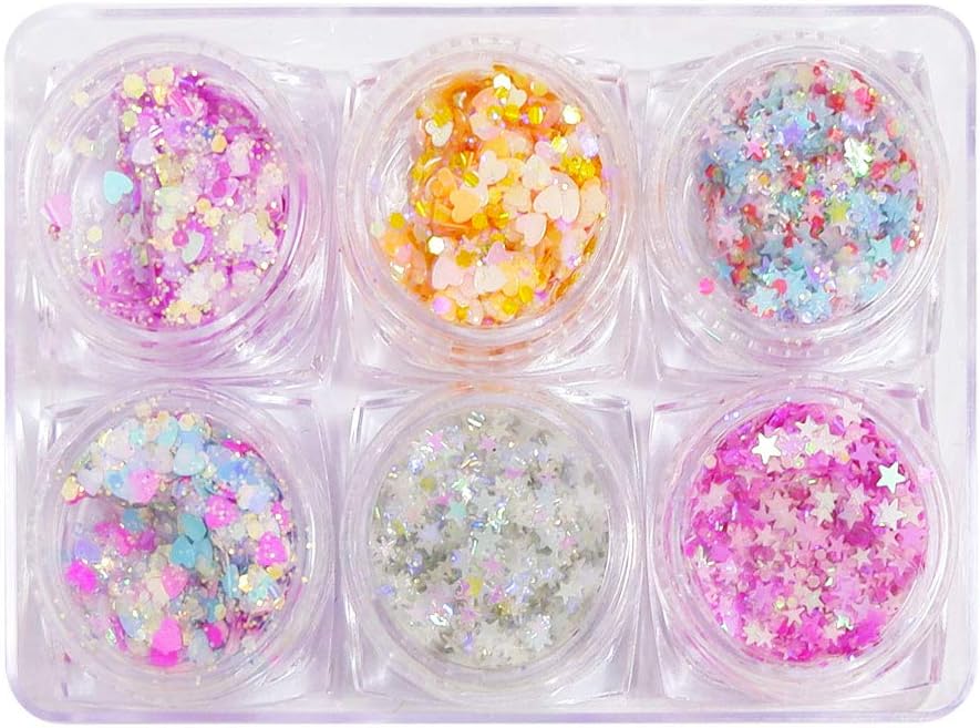 6 Pots Nail Glitter, Body Face Glitter with Long Lasting Fix Gel for Eye, Cheeks, Lip, Hair, Festival Party, Sparkling Makeup Nail Art Decoration, Hearts Stars Shape Sequins