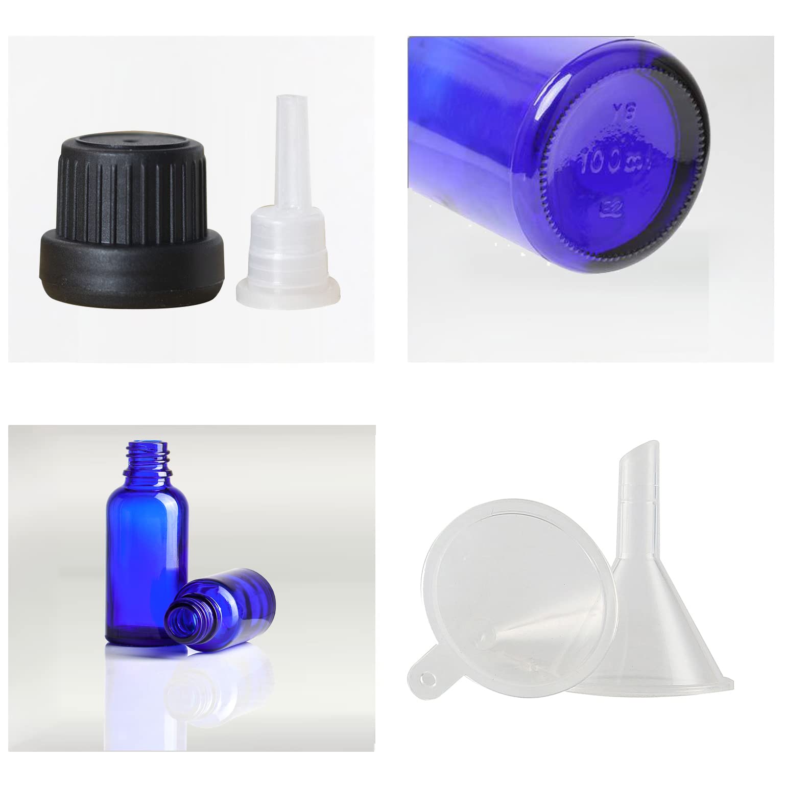 24 Piezas 100ml Botella de Cristal Azul con Tapón Cuentagotas Negro con Obturador, Frasco de Vidrio con Tapón a Rosca a Prueba de Manipulaciones para Cosmético, Aromaterapia, Viajes