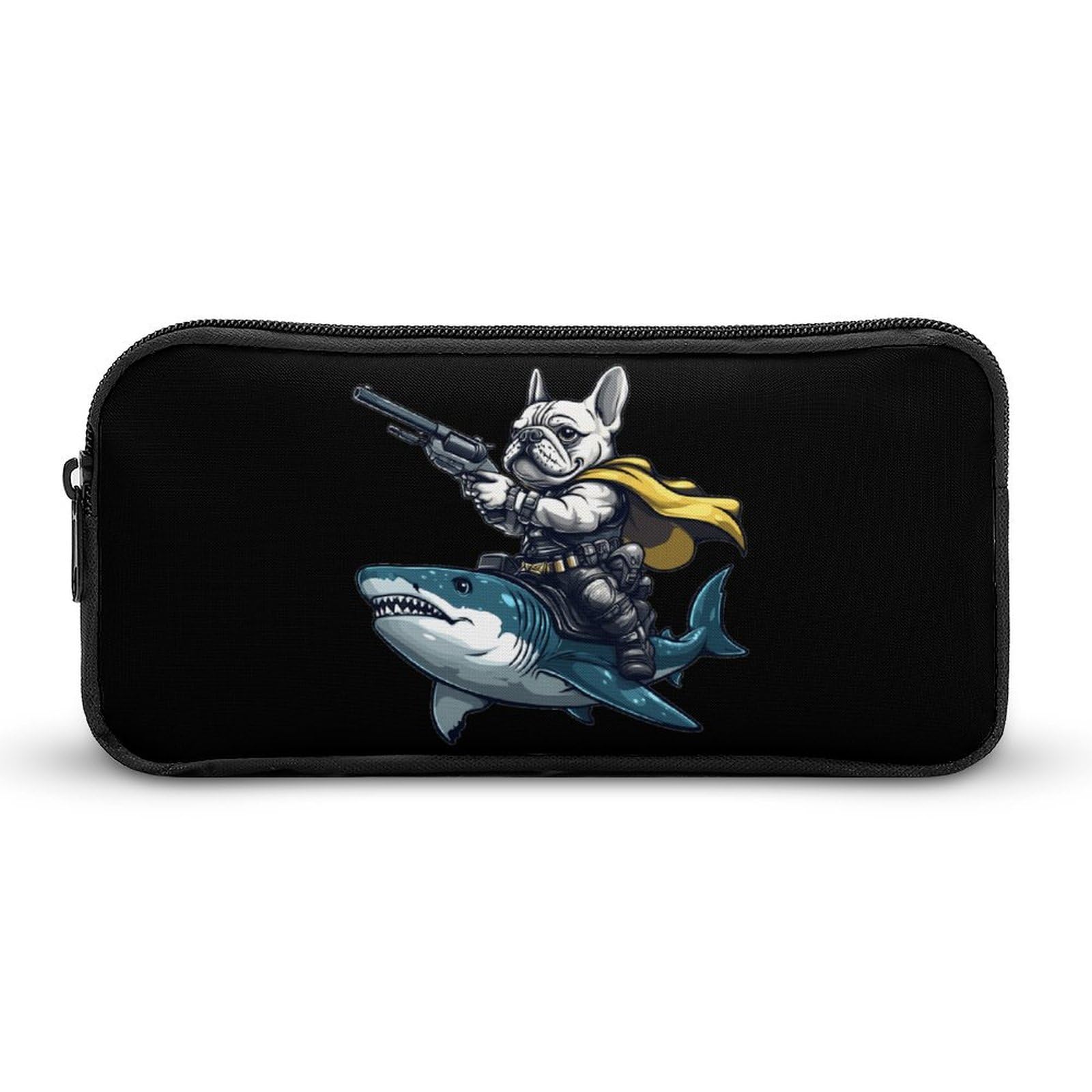 French Bulldog Shark Gun Pencil Case Durable Pen Pouch Organizer Stationery Pen Bag Makeup Bag for Women Men Gifts