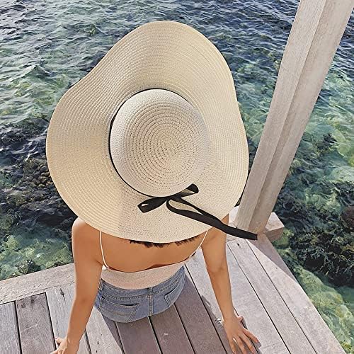 Womens Floppy Summer Sun Beach Straw Hat, Foldable Wide Brim Hats with Bowknot UPF50