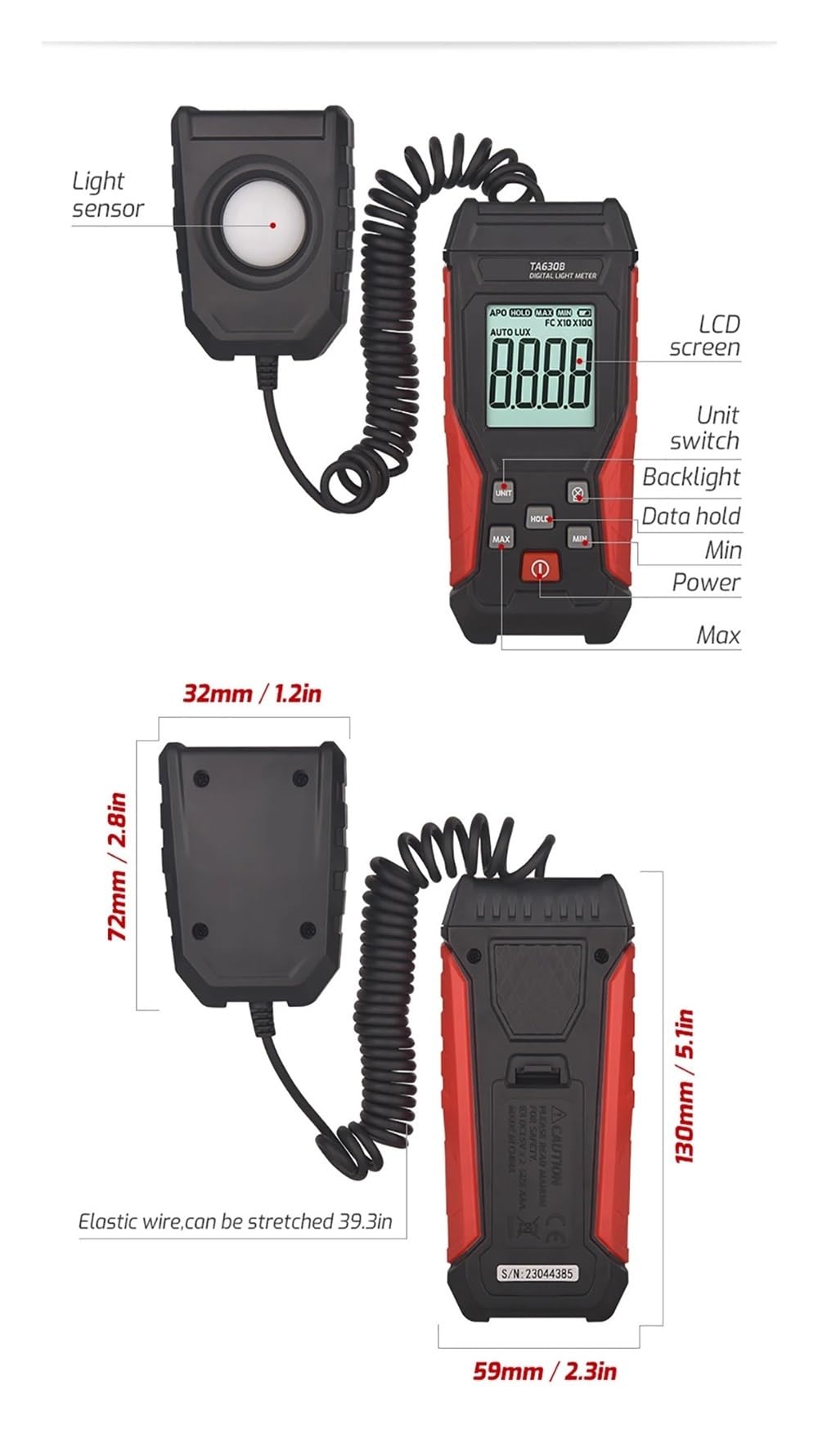 Medidor de luz Digital, medidor iluminancia Lux con función Registro, Rango medición 0~200000, probador Sensor Flexible para Interior y Exterior(630B)