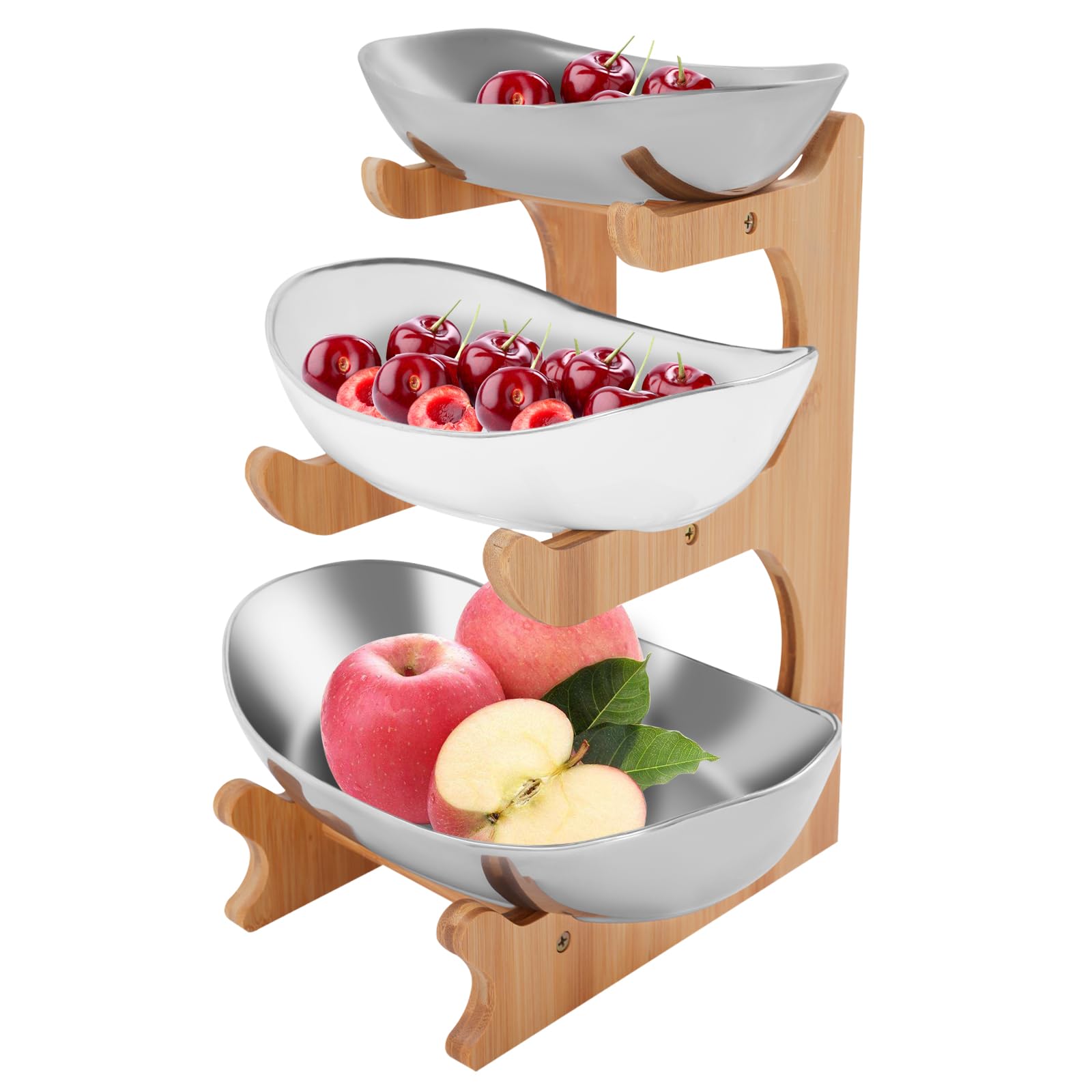 Repomanda 3-Tier Ceramic Fruit Bowl with Bamboo Stand – Large Kitchen Countertop Organizer for Fruits, Vegetables, Snacks & Bread – Yuanbao-Shaped