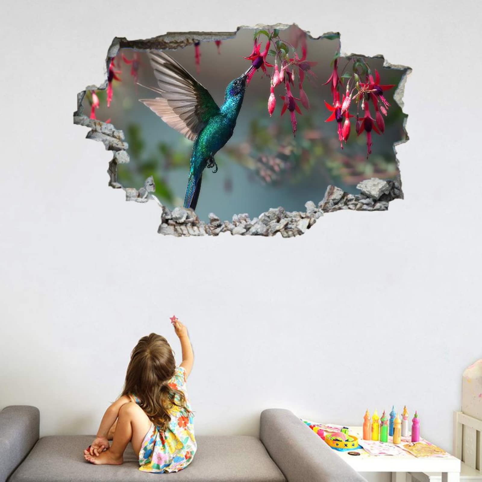 Vogel 3D Wandtattoo Wanddurchbruch, Blume Durchbruch Wandaufkleber für Kinderzimmer, sticker für Wohnzimmer, B 120 x H 80 cm Selbstklebend Vinyl Wandsticker, Wandbild Junge Mädchen Schlafzimmer