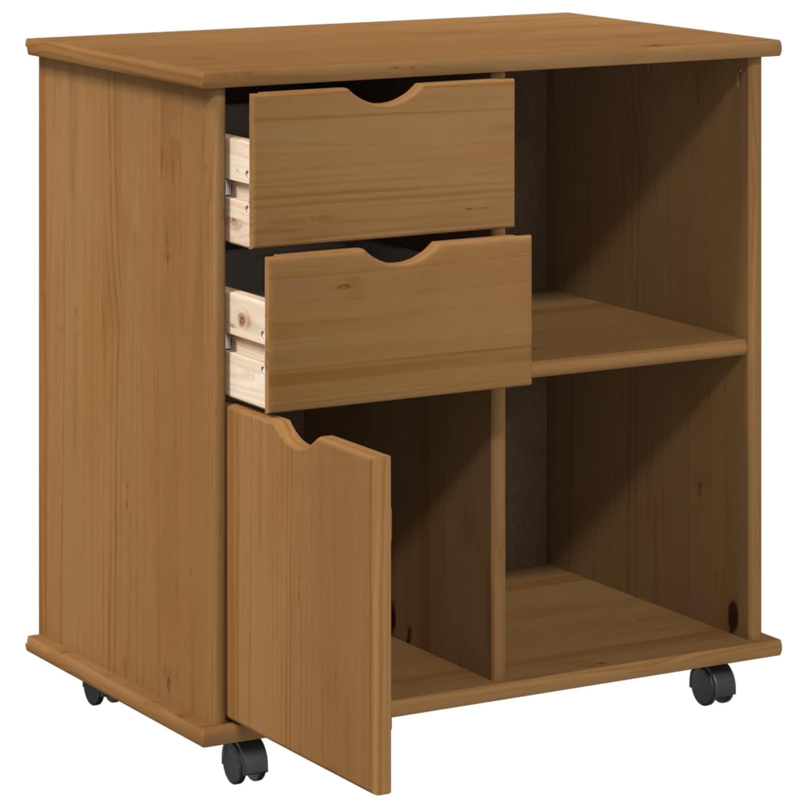 Hothingwell Szafka na kółkach z litego drewna sosnowego, brązowa, miodowa, 63,5 x 39 x 65,5 cm, szafka na kółkach z wbudowanymi półkami i uchwytami, minimalistyczny design do biura lub salonu