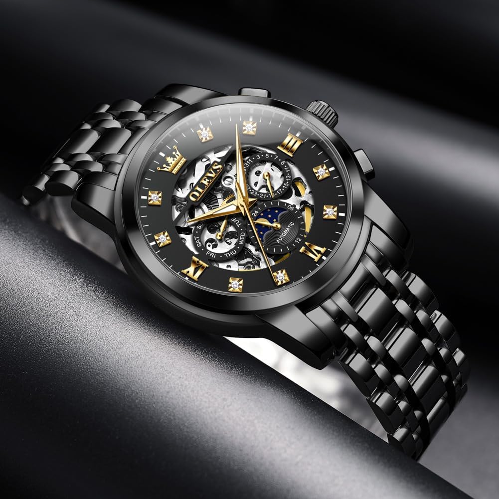 OLEVS Automatic Watches for Men Luxury Skeleton Mechanical Mens Watch Diamond Moon Phase Waterproof Date Self Winding Gentlemen Watch