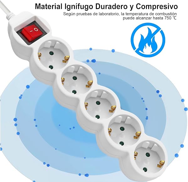 EXTRASTAR Regleta Alargador de 5 Metros con 5 Enchufes e Interruptor, para el hogar, Oficina y Viajes, Blanco 1Pc - 4