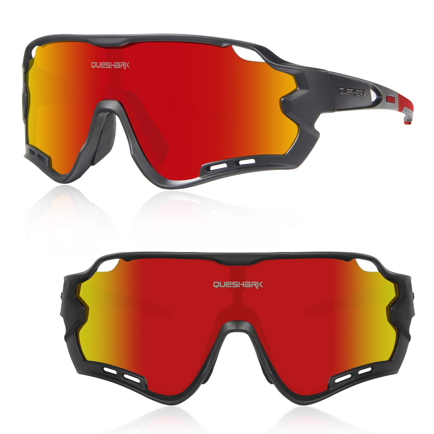 Queshark Polarizzati Occhiali Ciclismo con 4 Lenti Intercambiabili Occhiali Bici Occhiali Sportivi da Sole Anti UV da Uomo Donna per Corsa,MTB
