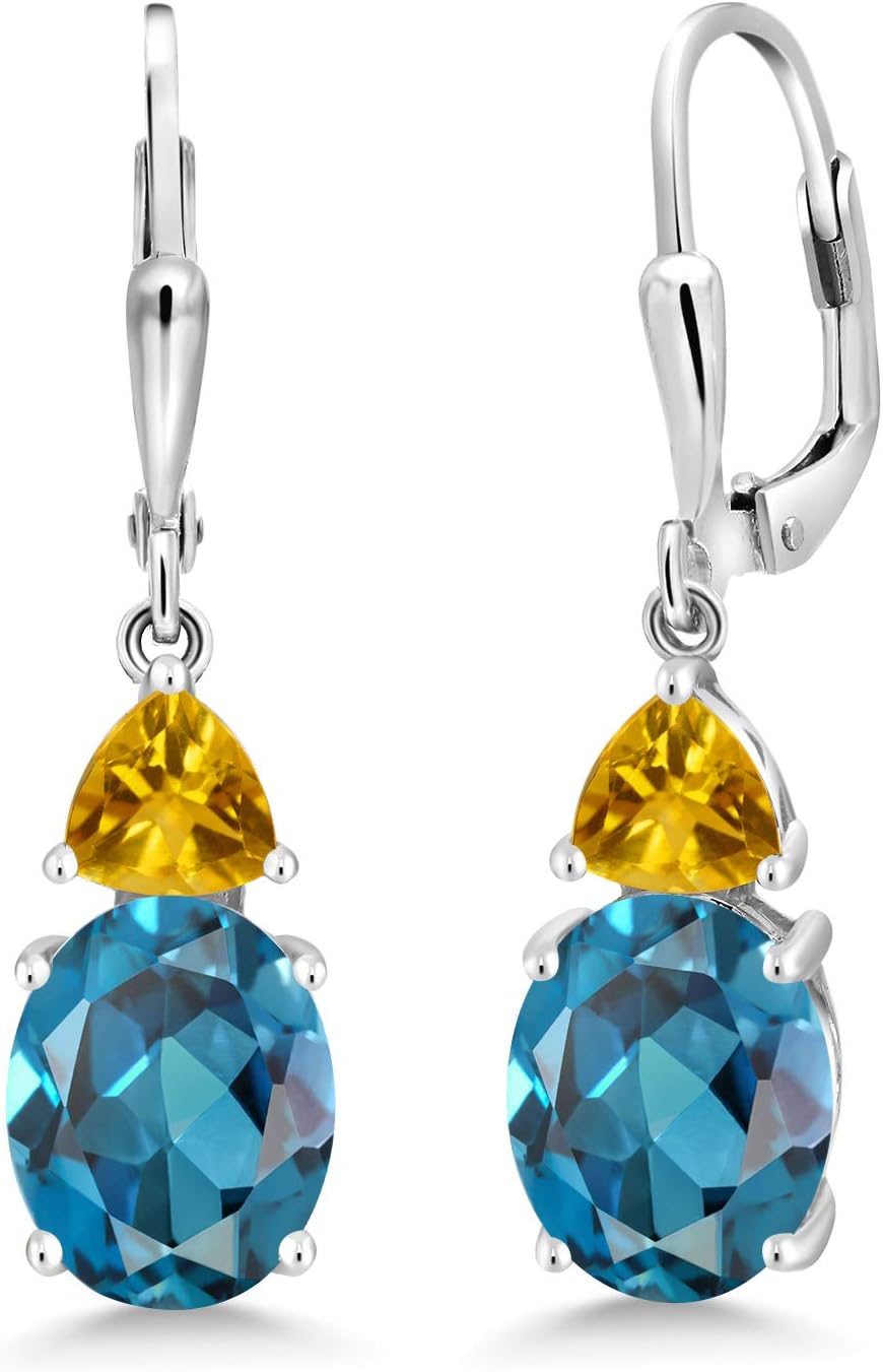 Gem Stone King 925 Sterling Silver London Blue Topaz and Yellow Citrine Dangle Earrings For Women (6.82 Cttw, Gemstone November Birthstone, Oval 10X8MM, Trillion 5MM)