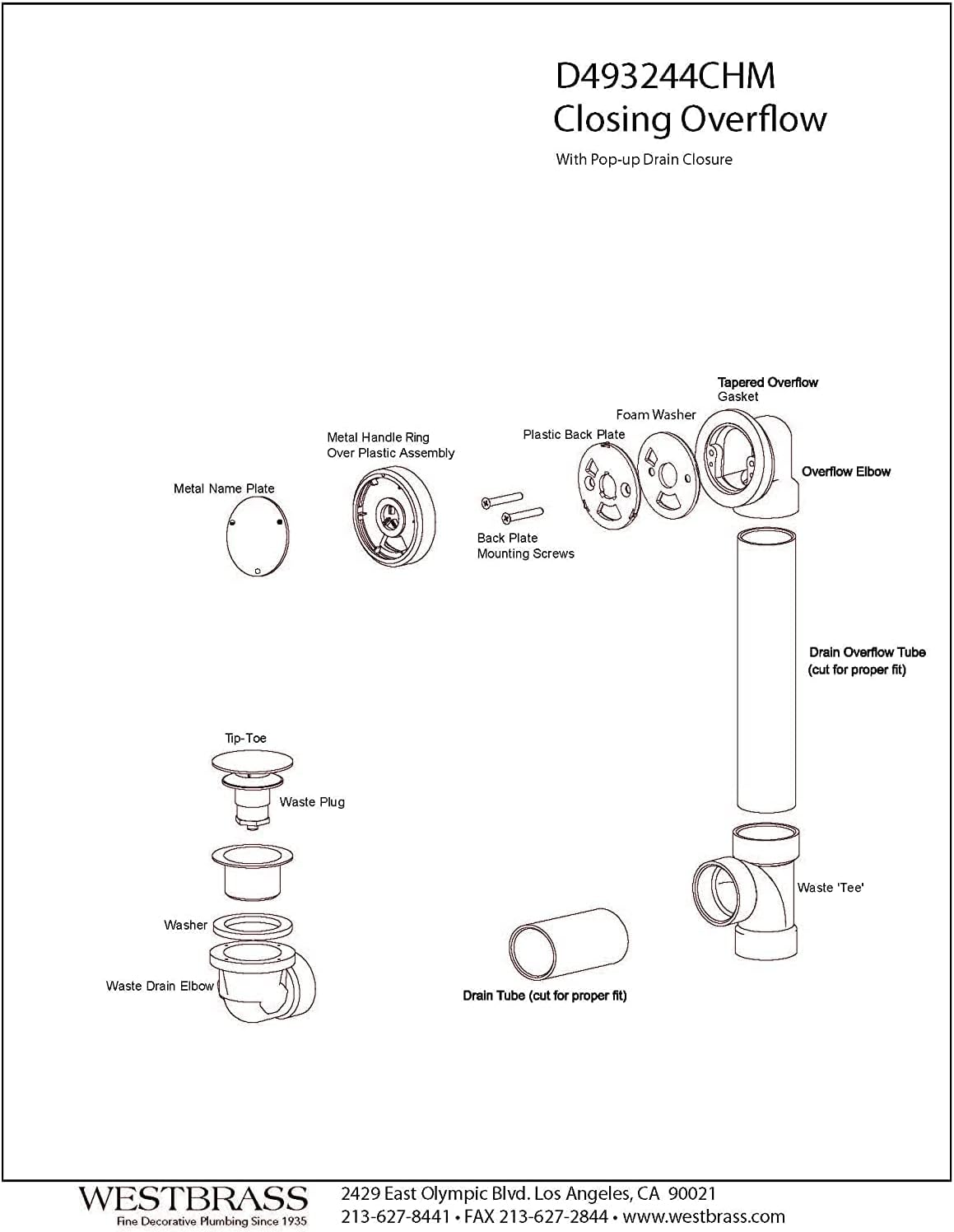 Westbrass D493244CHM-12 Bath Waste & Overflow Assembly with Patented Deep Soak Faceplate Cover and Tip-Toe Drain Plug - Sch. 40 PVC, Oil Rubbed Bronze
