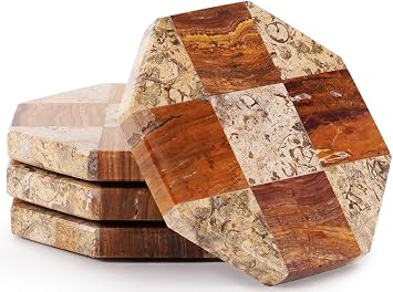 Marble Coasters Set of 4, Coral and Red Handmade 4 inch Star Natural Marble Coaster, Elegant Drink Checkered Coasters for Coffee Table, Stylish Bar Accessories & Home Decor