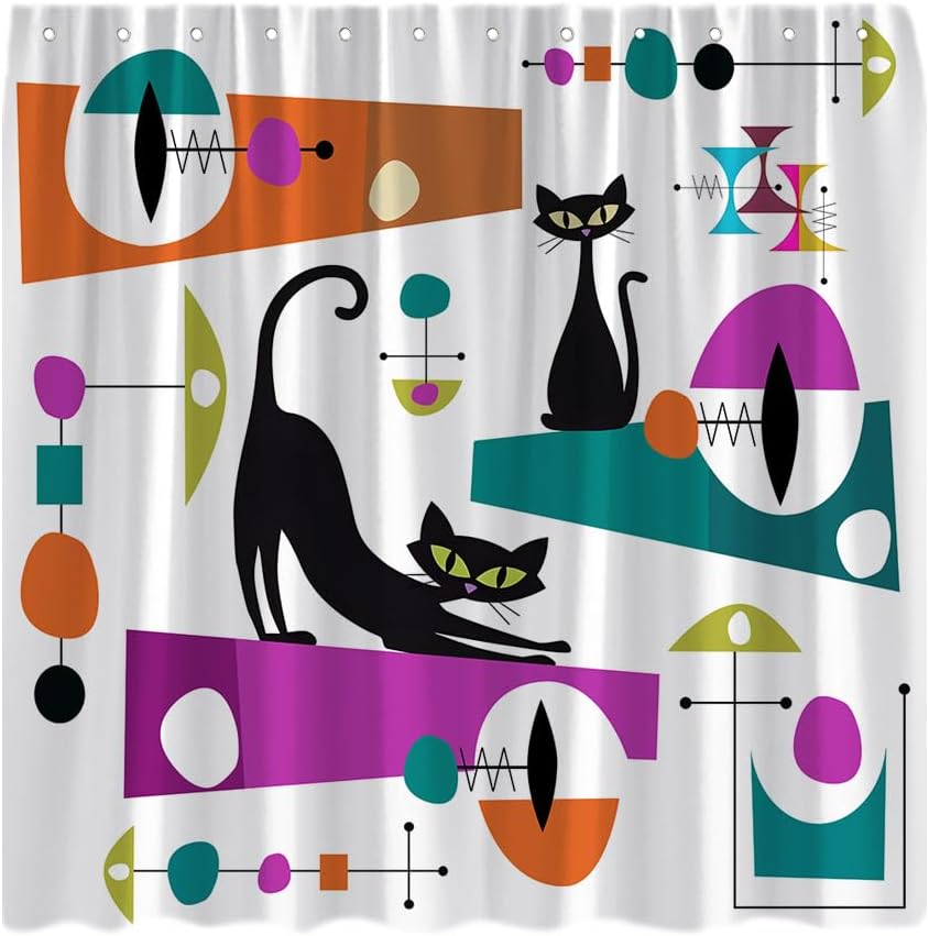 Mid Century Black Cat Shower Curtain Modern Atomic Abstract Geometric Iconic Pattern Retro Black Kitty Animal 1950s 1960s Vintage Funny Teal Fabric Bathroom Curtain Set with Hook