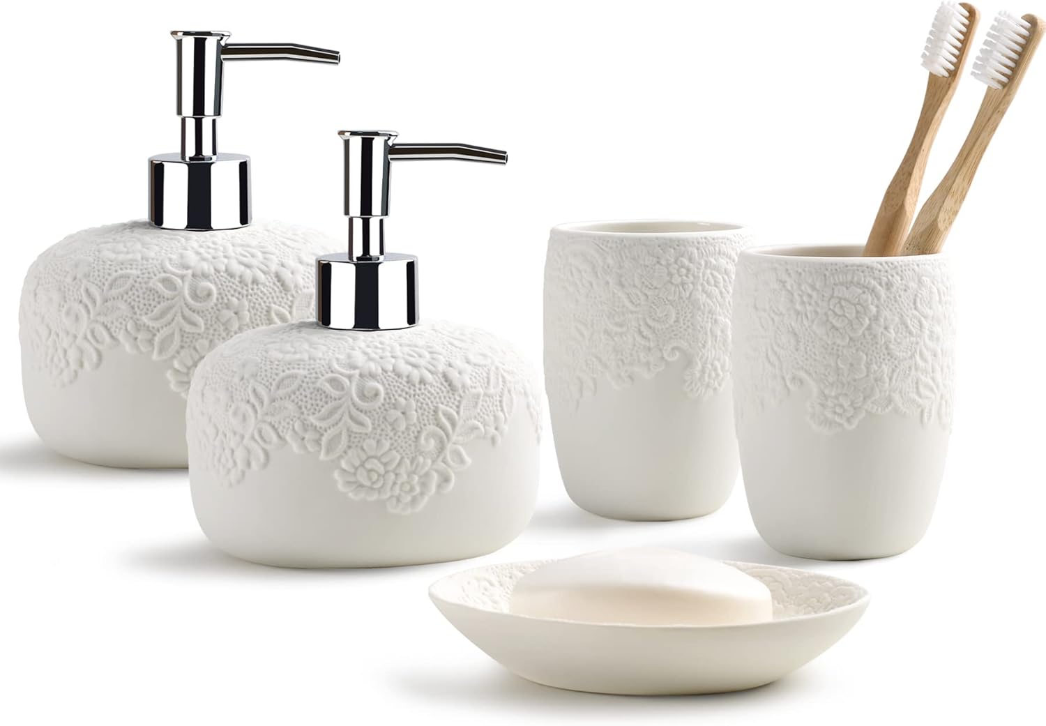 Bathroom Accessories Set with Embossed Design 5PCS, Ceramic White Bathroom Accessory Set, 2Pcs Bathroom Soap Dispenser 14oz, 2Pcs Tumbler Cup, 1Pcs Soap Dish, ANTIS'S HOME