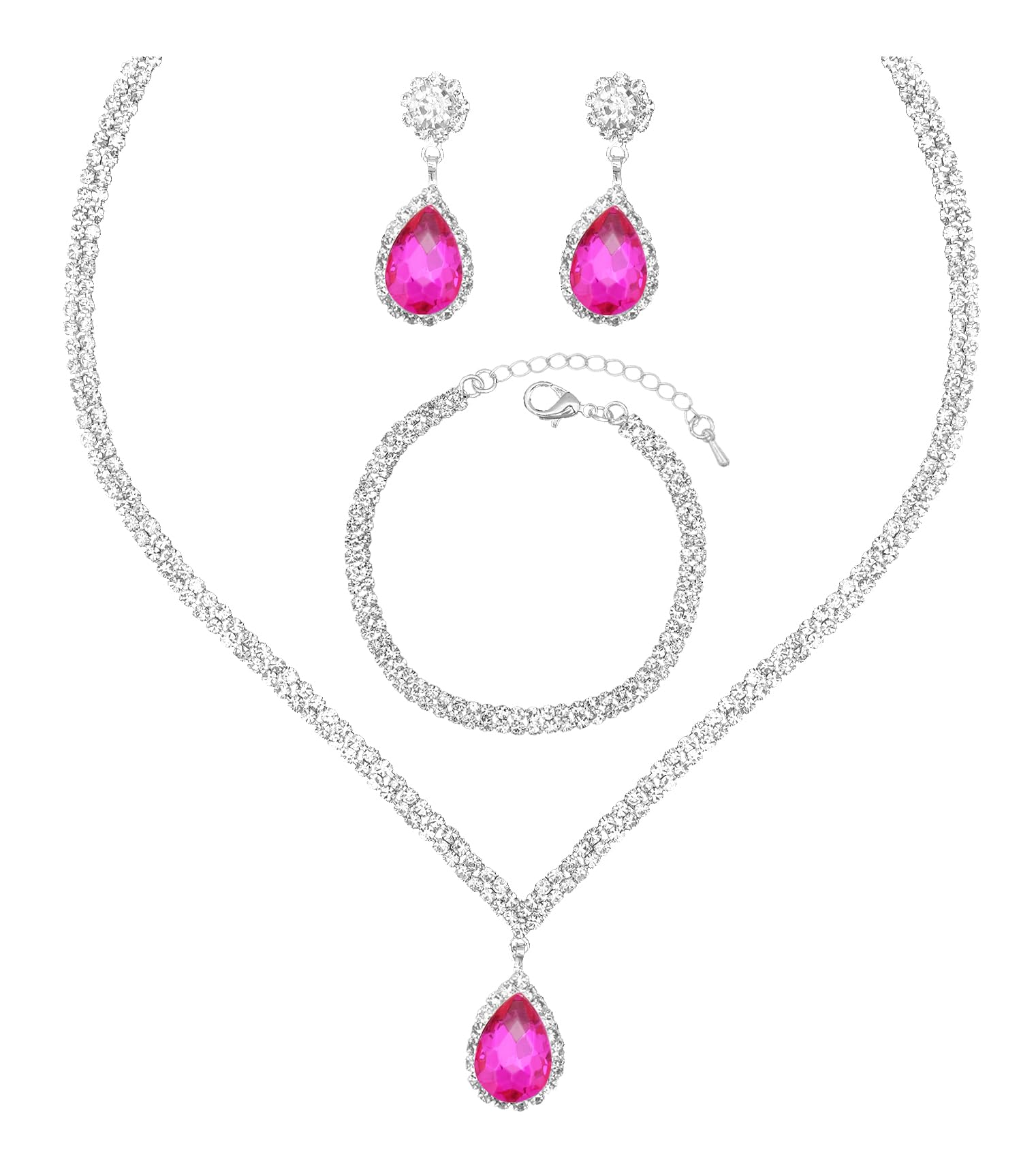 chaoyiteElewgant Silver Crystal Wedding Necklace Earrings Bracelet Jewelry Set for Women Brides Bridesmaids Prom Party Costume Accessory Bridal Jewelry