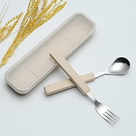 VANRA 2-Piece Children Flatware Set 18/10 Stainless Steel Child Tableware Set Silver Cutlery Set Silverware Dinner Utensils Spoon Fork Set with Travel Case for Kids Toddlers (Chrome Finished) (Cream)