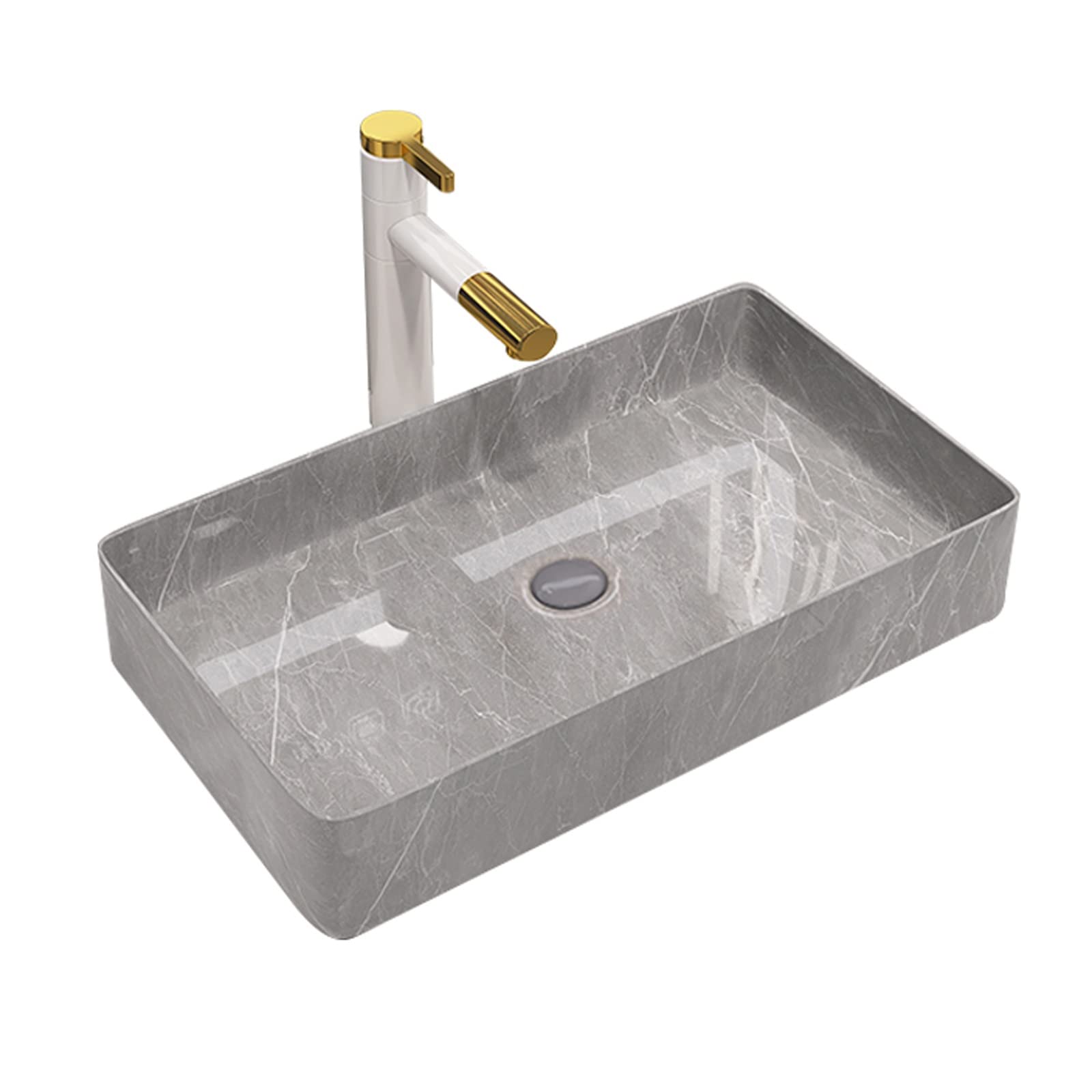 WOTZOV Vessel Sink Vessel Vanity Sink Rectangle Marble Texture Ceramic Vessel Sink 23.6"X 13.7" Modern Rectangle Grey Above Counter Bathroom Vanity Bowl, Faucet Not,