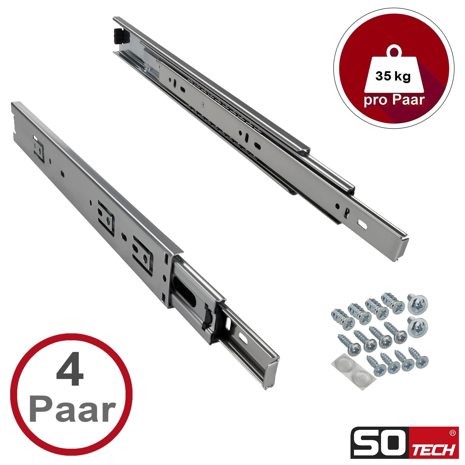 SOTECH 4 paires de Coulisse à sortie totale KV-35-H45-L400-NF-MS 400 mm version standard, charge admissible 35 kg, glissière de tiroir avec kit de visserie