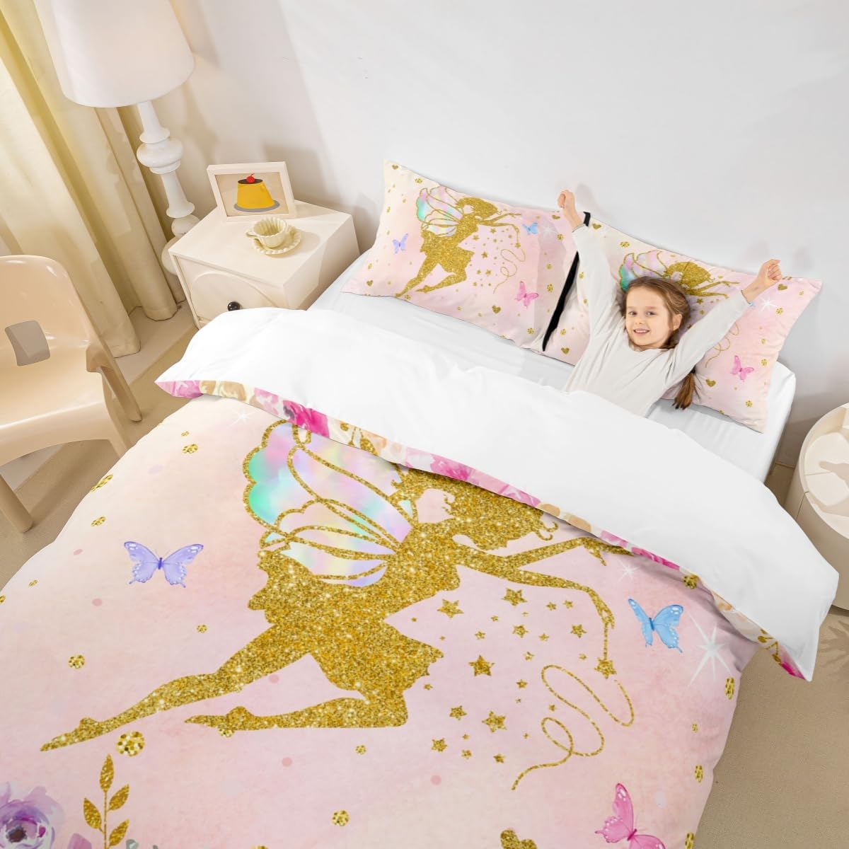 Girls Colorful Flowers Bedding Set,Magical Girl Duvet Cover for Teens,Kids Gold Butterfly Comforter Cover Decorative Room,Children Dreamy Quilt Cover with 2 Pillowcases,Full Size(No Comforter)