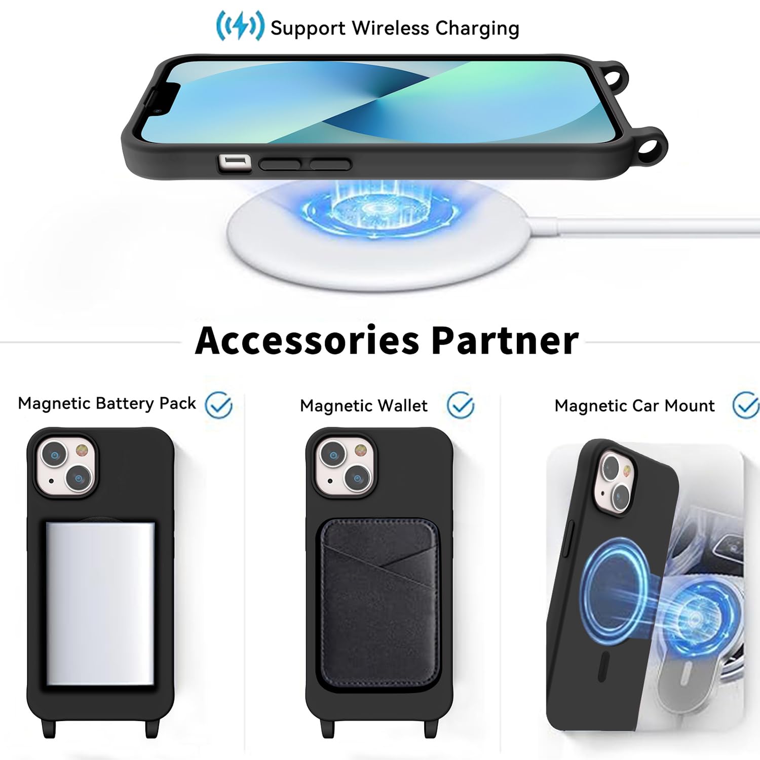 Custodia Magnetica Per IPhone 14/13 Con Cordino - Trasparente E Silicone - Compatibile MagSafe - Collana Tracolla Regolabile
