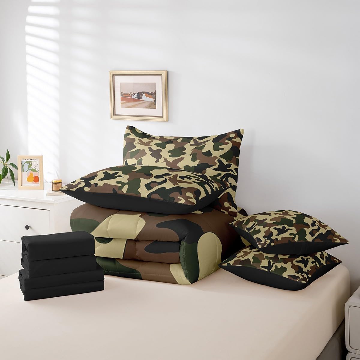 Erosebridal Camouflage 7 Pcs Comforter Set Full Size Hunting Bedding for Kids Army Duck Hunter Bed in A Bag Sheet Set Vintage Brown Green Mallard Duck Bedroom Decor Wild Animal Rustic Bed Set - Image 6