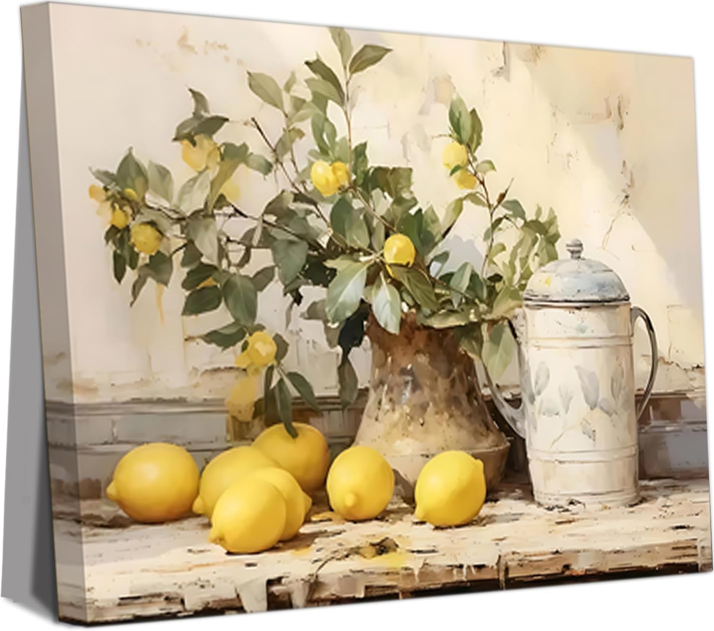 Vintage Kitchen Framed Canvas Wall Art, Yellow Lemon Still Life Wall Decor Posters Prints, Rustic Farmhouse Artwork Oil Paintings Pictures for Dining Room Bathroom 16x24 Inch